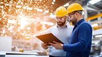 Two diverse male engineers in hard hats reviewing documents at industrial facility with bright sparks and manufacturing equipment in background. Focus on workplace safety.