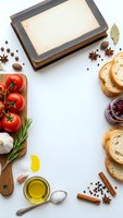 Vintage recipe book with blank page surrounded by fresh ingredients including tomatoes, herbs, spices, bread and olive oil on white background for cooking content.