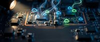 Computer circuit board with glowing cloud computing icons floating above microchips and electronic components on dark background for technology concepts.