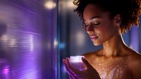 Young African American woman with curly hair holding glowing purple light in hands, skin covered with shimmering drops, mystical beauty portrait in neon lighting.