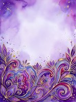 Ornate floral border with gold accents on purple watercolor background, isolated design element suitable for invitations, greeting cards, and digital projects.