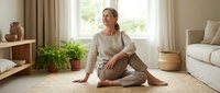 Young Caucasian woman in comfortable beige loungewear sitting cross-legged on jute rug in bright modern living room with natural light and plants.