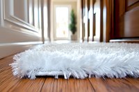 White fluffy dust mop on wooden floor cleaning hallway interior with natural light and decorative molding, showing home maintenance and housekeeping.