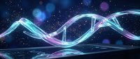 Glowing DNA double helix strand floating in cosmic space with stars and nebula background for science and genetics research presentations.