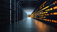 Futuristic corridor with glowing orange lights along wall creating perspective depth effect against dark background, modern architectural interior design.