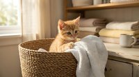 Ginger kitten sitting in woven basket with gray blanket draped over edge, cozy home interior with shelves, window light, and folded linens in background.