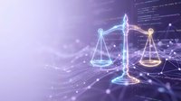 Digital justice scales with glowing network connections and code background representing legal technology, cybersecurity law, and digital rights balance.