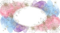 Watercolor floral frame with pink blue purple splashes and delicate line art flowers creating elegant oval border for wedding invitations and greeting cards.