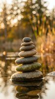 Zen stone stack balanced on water surface with golden sunset bokeh background creating peaceful meditation and mindfulness atmosphere for wellness concepts.