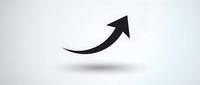 Black curved arrow pointing upward and right on white background with shadow, symbolizing growth, progress, direction and success in business concepts.