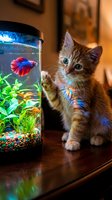 Curious tabby kitten with blue eyes gazing at colorful betta fish in illuminated aquarium tank with plants and gravel on wooden surface, indoor pet interaction scene.