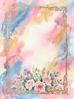 Watercolor floral frame with ornate gold borders and soft pastel washes in pink, blue, and yellow tones. Isolated design element ready for invitations, greeting cards, and stationery projects.