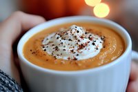 Creamy pumpkin soup topped with whipped cream and spices in white ceramic bowl, warm autumn comfort food against blurred bokeh background.