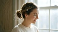 Young Caucasian woman with elegant updo hairstyle and hair clips smiling softly, wearing a white sweater in natural window light.