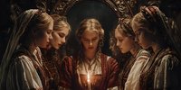 Five young women in traditional folk costumes gather around glowing candle in ornate mirror reflection creating mystical atmospheric scene.