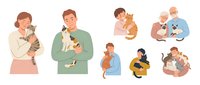 Happy pet owners holding cats and dogs showing love and care for domestic animals isolated on white background for design projects.