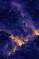 Mystical night sky with glowing purple and golden clouds outlined in shimmering light, stars twinkling through dramatic cumulus formations in deep space.