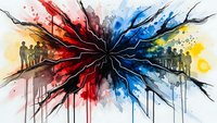 Abstract explosion of red and blue watercolor paint with black radiating lines and silhouettes, creating dynamic artistic composition with dripping effects.