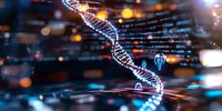Digital DNA strand visualization with glowing blue and orange lights against dark background, representing genetic research and biotechnology advancement.