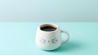 Cute white cat face mug filled with black coffee on mint green background for morning beverage and kitchenware concepts.