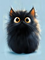 Adorable fluffy black kitten with big orange eyes and spiky fur sitting against soft blue background for cute pet designs and children's projects.