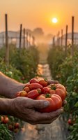Farmer hands holding fresh ripe tomatoes at sunset in greenhouse rows. Organic agriculture harvest concept for healthy food production and farming industry.