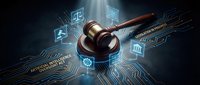 Digital justice concept with wooden gavel surrounded by glowing legal technology icons and circuit patterns on dark background for law firm presentations.