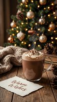 Steaming hot chocolate with whipped cream on rustic wood, cozy knit, pine cones, warm wishes note, and glowing Christmas tree backdrop.