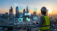 Construction engineer using BIM technology with digital interface overlooking modern city skyline at sunset for smart building management and urban development.