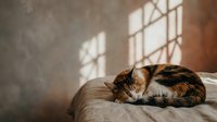 Calico cat sleeping peacefully on beige sofa in sunlit living room with window light creating warm shadows on textured wall for cozy home decor concepts.