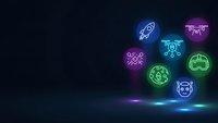 Futuristic neon technology icons glowing in vibrant colors on dark digital background for modern tech presentations and cyber interface designs.