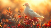 White dove perched on vibrant red autumn foliage at sunset, soft golden bokeh background creates dreamy atmosphere, symbolic peace concept for greeting cards.