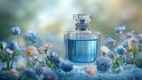 Elegant glass perfume bottle with blue liquid surrounded by delicate blue ranunculus flowers in dreamy garden setting, soft bokeh background creates magical atmosphere.