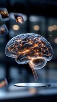 Glowing translucent human brain with neural connections and electric impulses floating above reflective surface against dark background with memory fragments and bokeh lights.