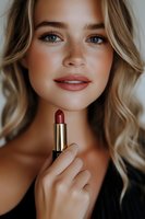 Young blonde woman with freckles and natural makeup holding red lipstick, close-up portrait. Soft beauty lighting highlights glowing skin and wavy hair.