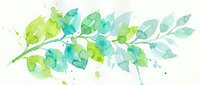 Watercolor botanical branch with green and turquoise leaves, isolated on white background, suitable for design projects, invitations, and decorative applications.