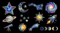 Celestial and space themed design elements including star, crescent moon, planet, spiral galaxy, comet, sun, rocket, telescope, and moon phases isolated on transparent background. Ready for t-shirt design, clipart, stickers, sublimation and print-on-demand projects.