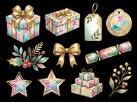 Watercolor Christmas clipart set with gift boxes, stars, bow, holly, and crackers in pastel and gold tones, isolated on transparent background, ready for cards and stickers.
