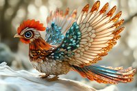 Decorative rooster with ornate feathers in turquoise and copper tones, featuring detailed plumage pattern and artistic fantasy design against soft blurred background.