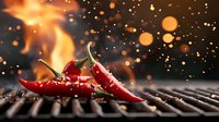 Red hot chili peppers grilling on barbecue grate with fire flames and sparks in background, dramatic food photography with smoke and burning effect.