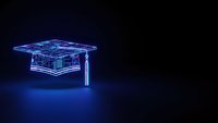 Digital graduation cap with glowing blue neon wireframe design on dark background representing online education and academic achievement.
