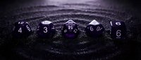 Polyhedral dice set with purple and silver metallic finish arranged in a row on dark textured surface for tabletop gaming and role-playing campaigns.