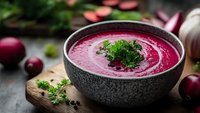 Fresh beetroot cream soup garnished with parsley in gray ceramic bowl on rustic wooden board, surrounded by raw beets and herbs, moody food photography.