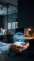 Business professional hands holding glowing verified security shield hologram in modern office environment for cybersecurity and data protection concepts.