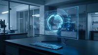 Futuristic workspace with holographic globe display on monitor, keyboard on desk, modern office environment with glass partitions and digital technology visualization.