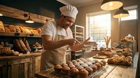 Smiling male baker in white hat and apron dusting powdered sugar over fresh muffins in a warm, rustic bakery shop.