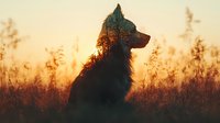 Dog silhouette against golden sunset sky, sitting in tall grass meadow with warm backlight creating magical atmosphere during summer evening.