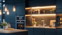 Modern dark kitchen interior with illuminated shelves and pendant lights creating cozy atmosphere. Minimalist design features built-in appliances and clean lines.