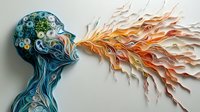 Abstract profile silhouette in blue and turquoise tones with flowing paper waves transforming into orange and yellow flame-like elements against light background.