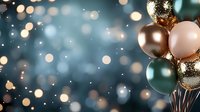 Festive balloon bouquet with metallic gold, rose gold and dark green balloons against sparkling bokeh lights background for party celebrations.